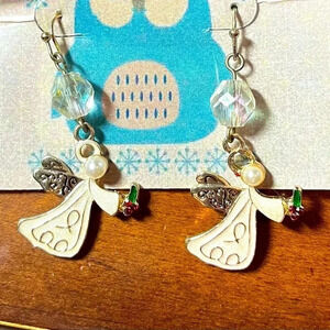 Gold Dangle Christmas Angel Jeweled Earrings